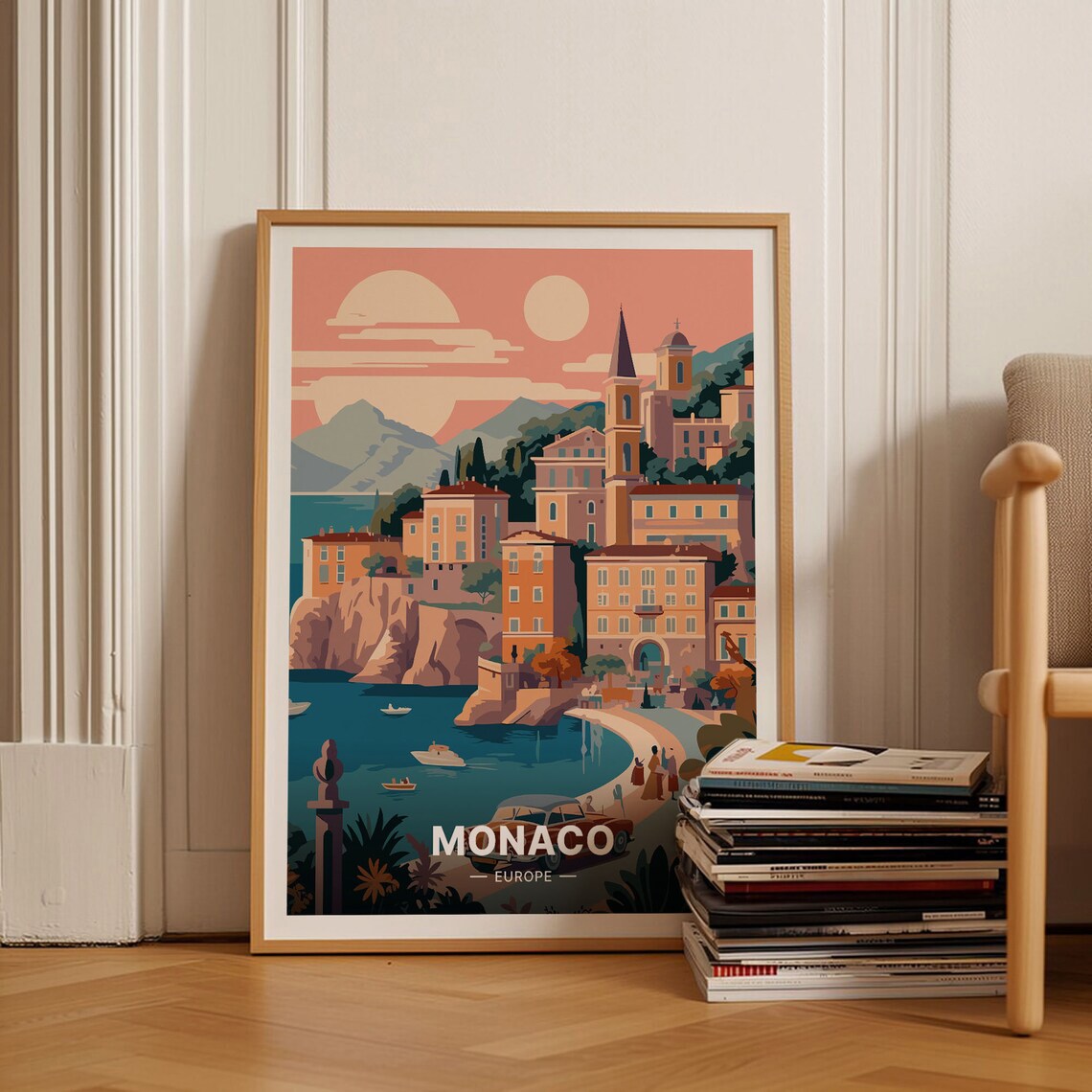 Monaco Europe Travel Poster Coastal Town Harbor Sunset Peach Art