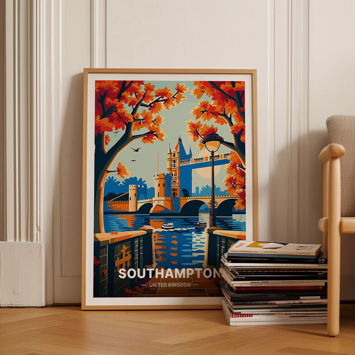 Southampton United Kingdom Riverside Bridge Autumn Trees Vintage Poster