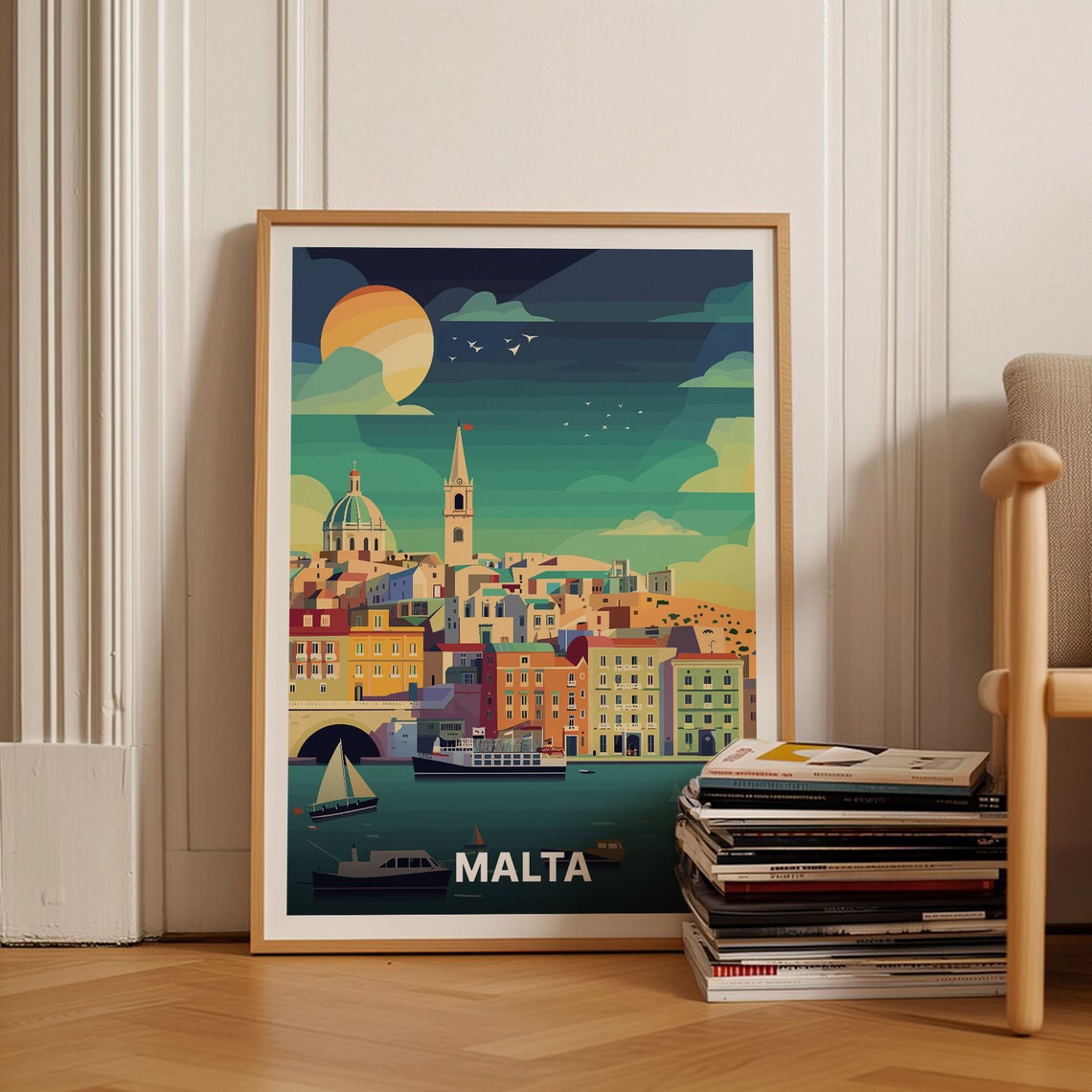 Malta Grand Harbor Sunset Waterfront Mediterranean Travel Poster