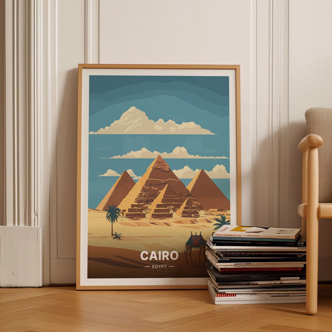 Cairo Egypt Giza Pyramids Camel Palm Desert Sunset Travel Poster
