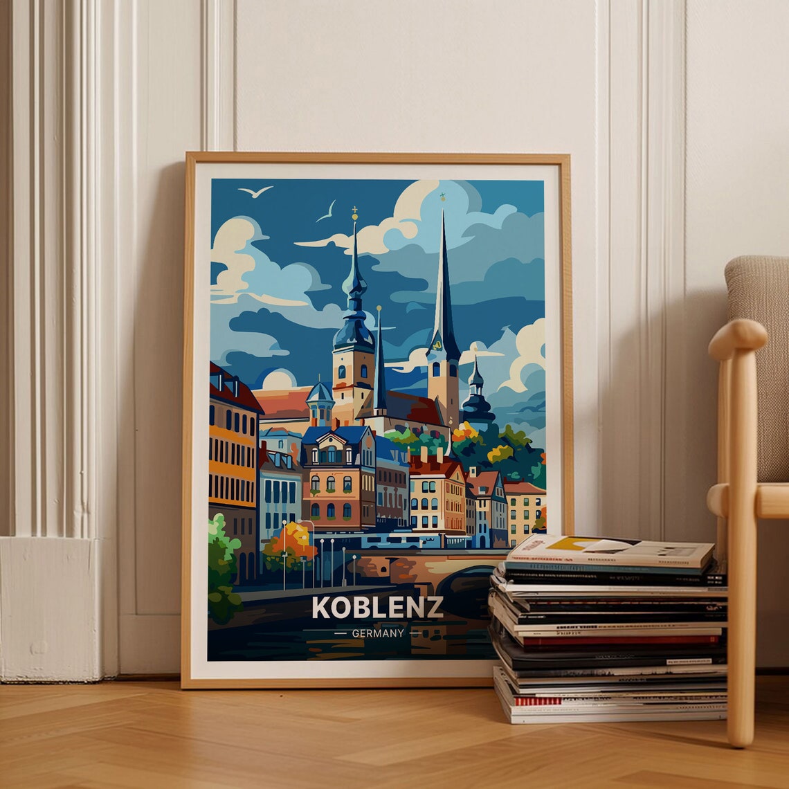 Koblenz Germany Travel Poster River City Spires Historic Skyline Art