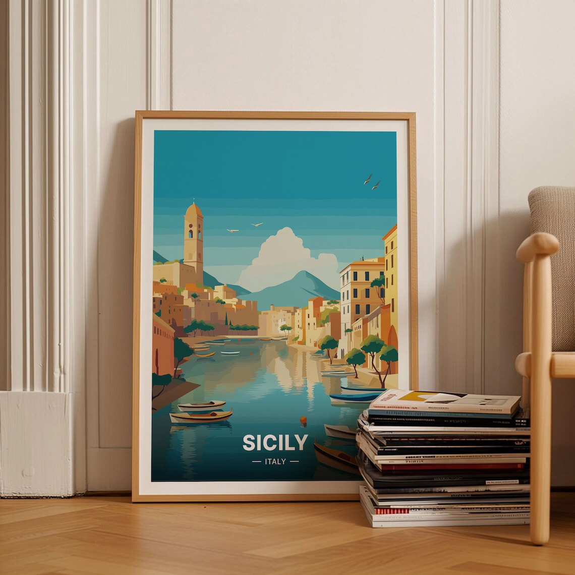 Sicily Italy Harbor Town Canal Boats Church Tower Travel Poster Art