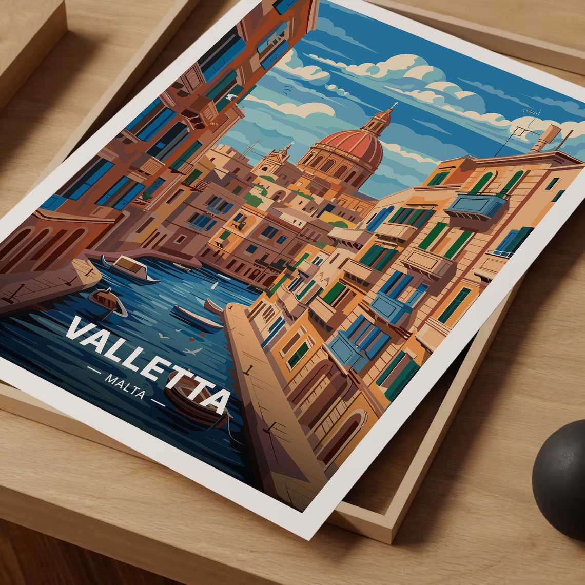 Valletta Malta Travel Poster Dome Canal Cityscape Mediterranean Art - Image 3