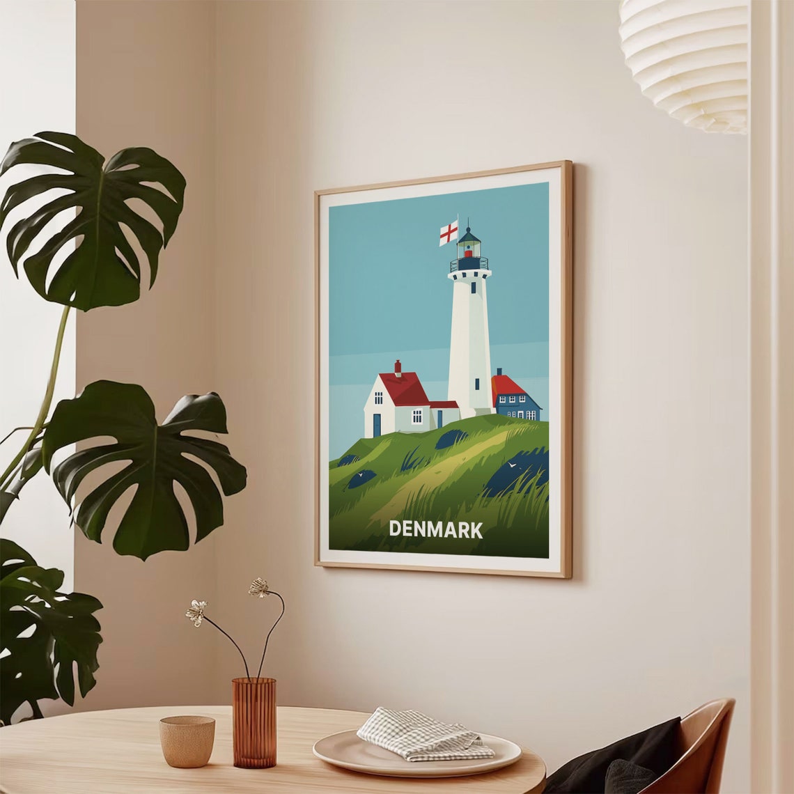 Denmark White Lighthouse Coast Cottage Grass Retro Travel Poster - Image 2