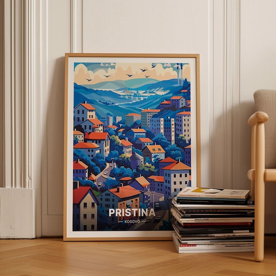 Pristina Kosovo Hillside City Red Roofs Vintage Cityscape Travel Poster