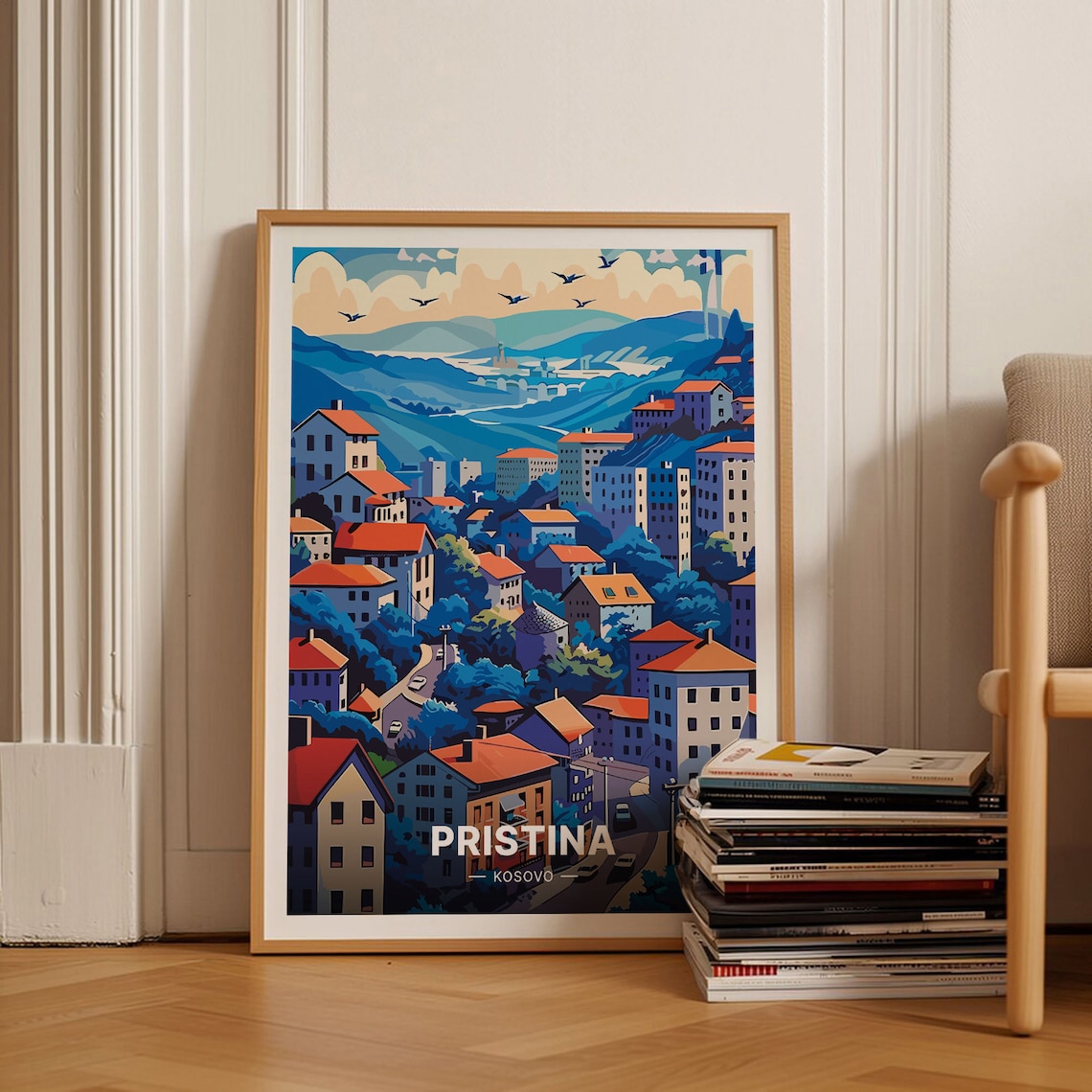 Pristina Kosovo Hillside City Red Roofs Vintage Cityscape Travel Poster