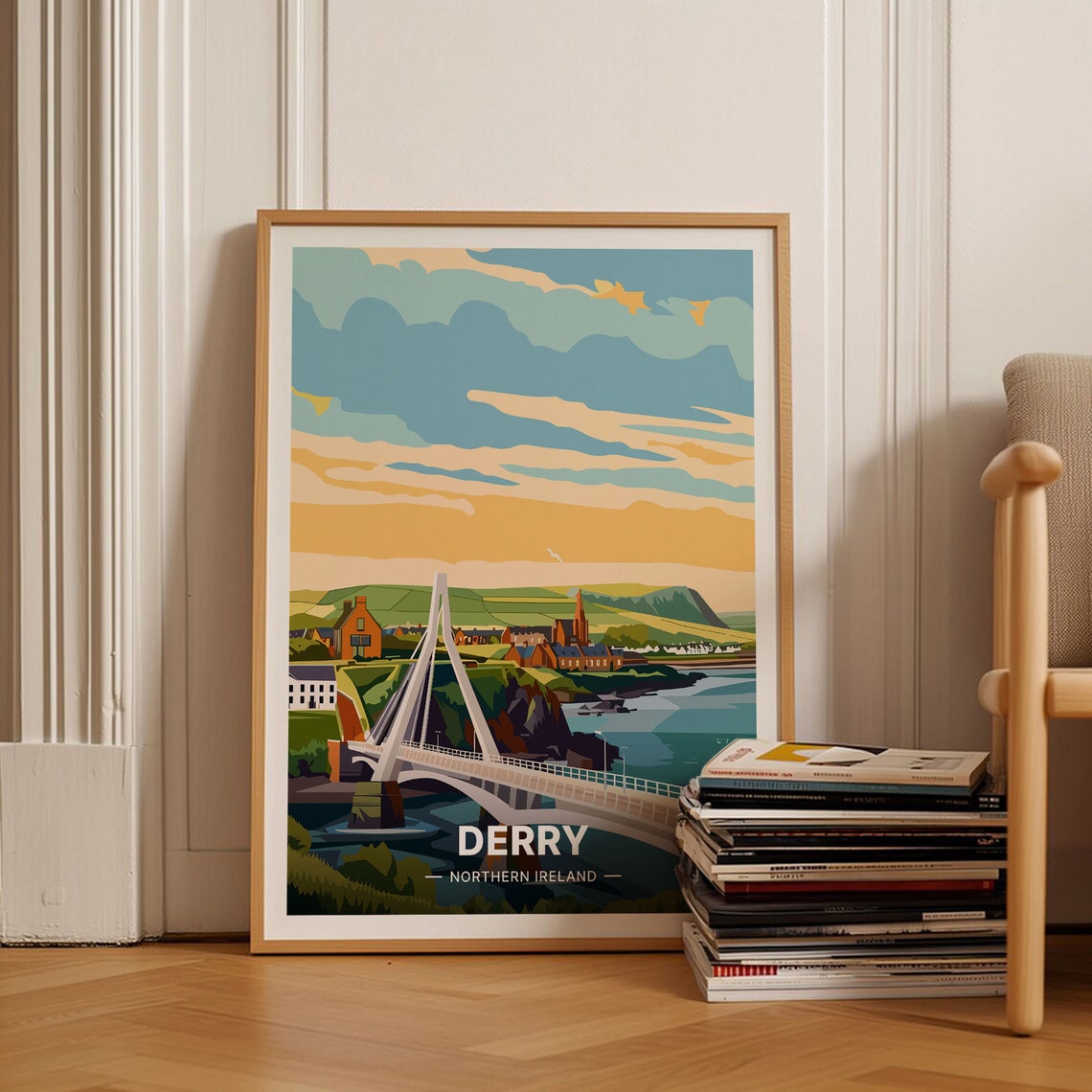 Derry Northern Ireland Peace Bridge Riverfront Sunset Travel Poster