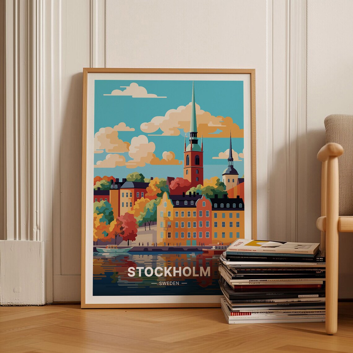 Stockholm Sweden Old Town Waterfront Historic Spire City Travel Poster