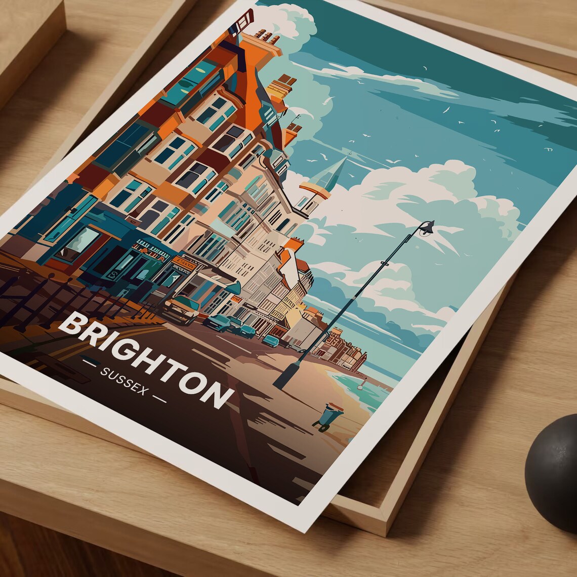 Brighton Sussex Travel Poster Seafront Terraces Golden Hour Street Art - Image 3