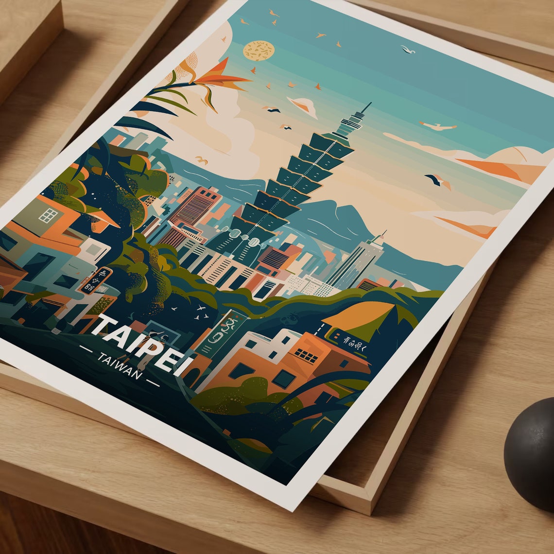 Taipei 101 Taiwan City Skyline Mountains Vintage Travel Poster - Image 3