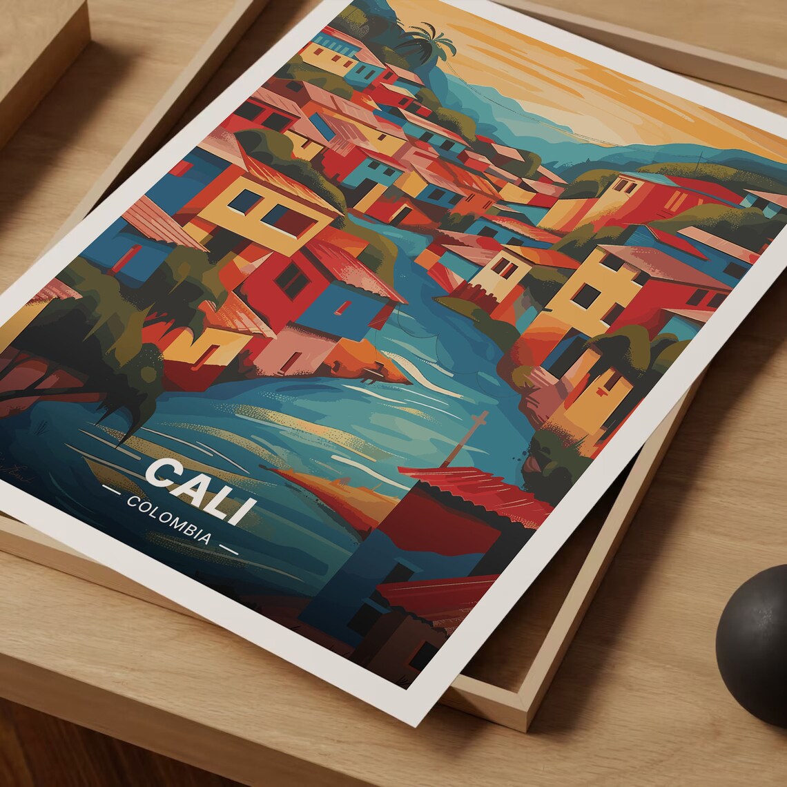 Cali Colombia Colorful Hillside Neighborhood River Travel Poster - Image 3