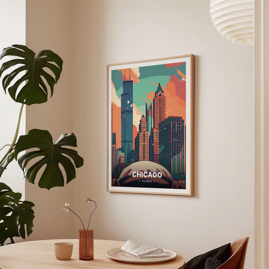 Chicago Illinois Skyline Poster Retro Cityscape Cloud Gate Art - Image 2