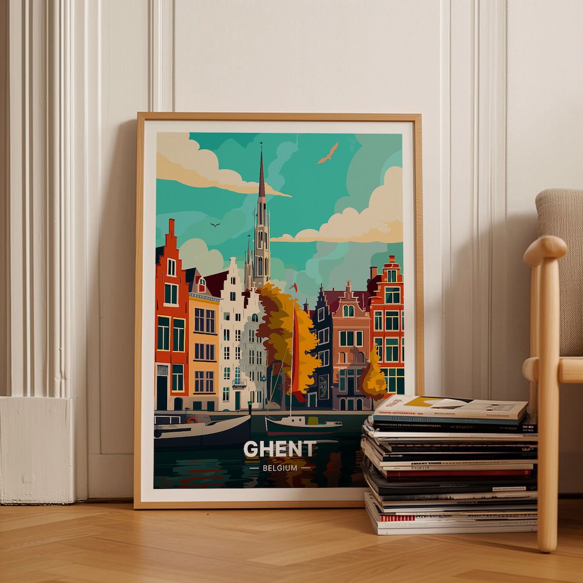 Ghent Belgium Canal Colorful Row Houses Gothic Church Spire Travel Poster
