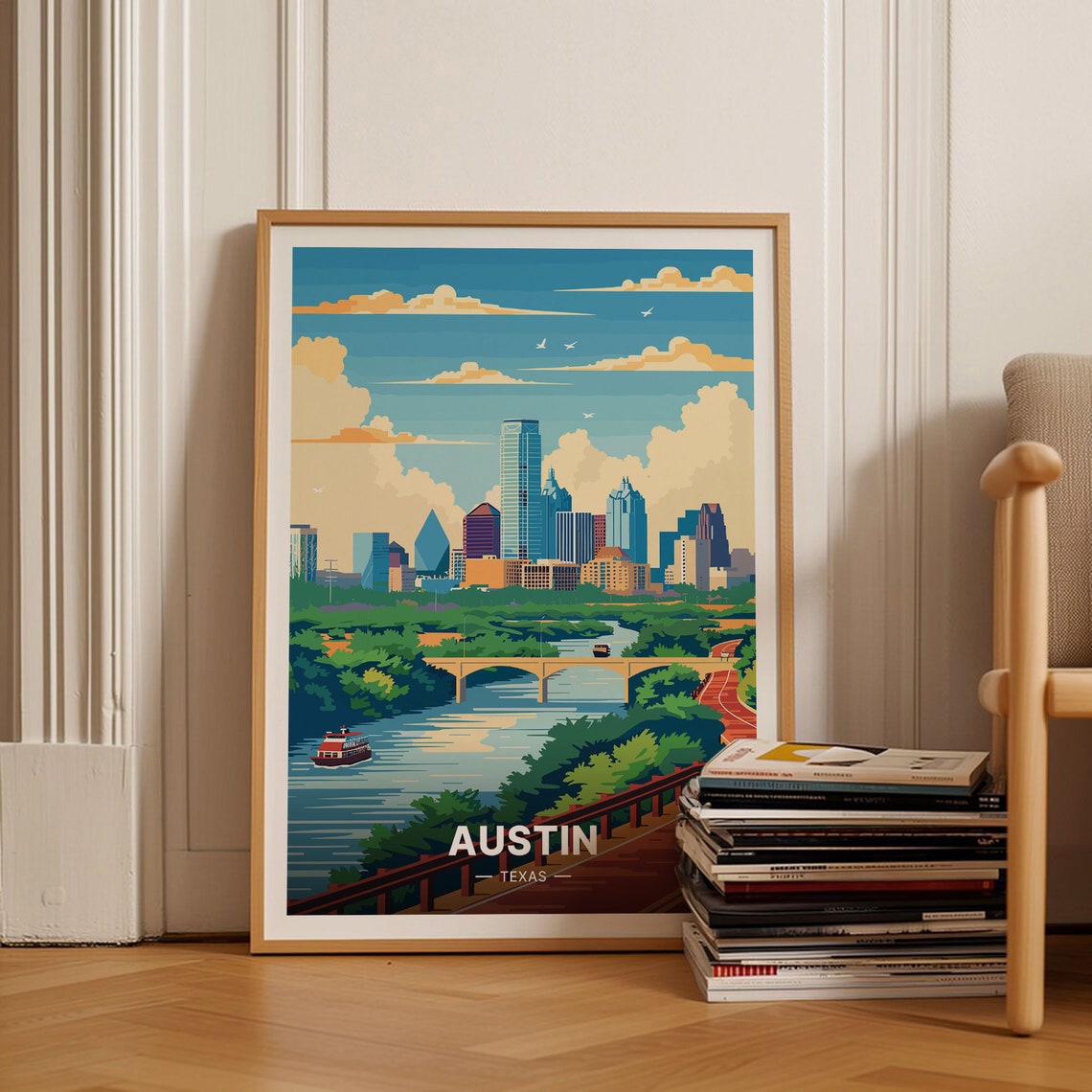 Austin Texas Vintage Travel Poster Downtown Skyline River Bridge Art