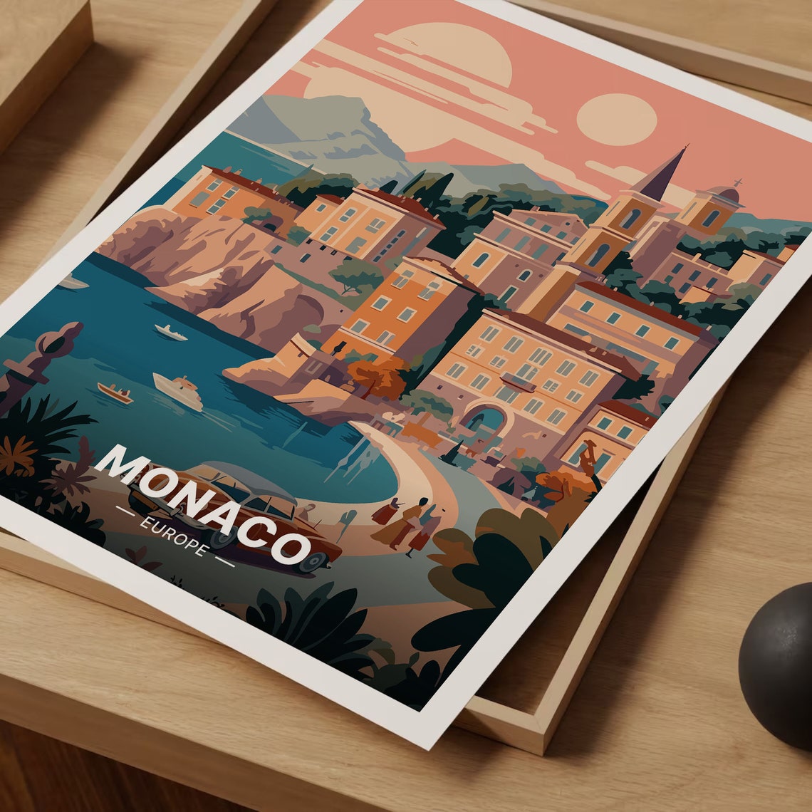 Monaco Europe Travel Poster Coastal Town Harbor Sunset Peach Art - Image 3