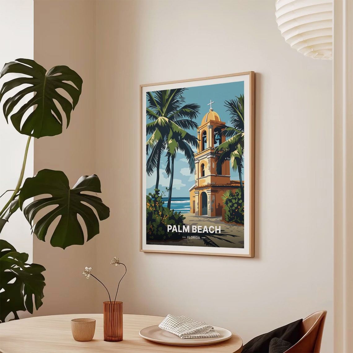 Palm Beach Florida Travel Poster Spanish Mission Tower Palm Trees Art - Image 2