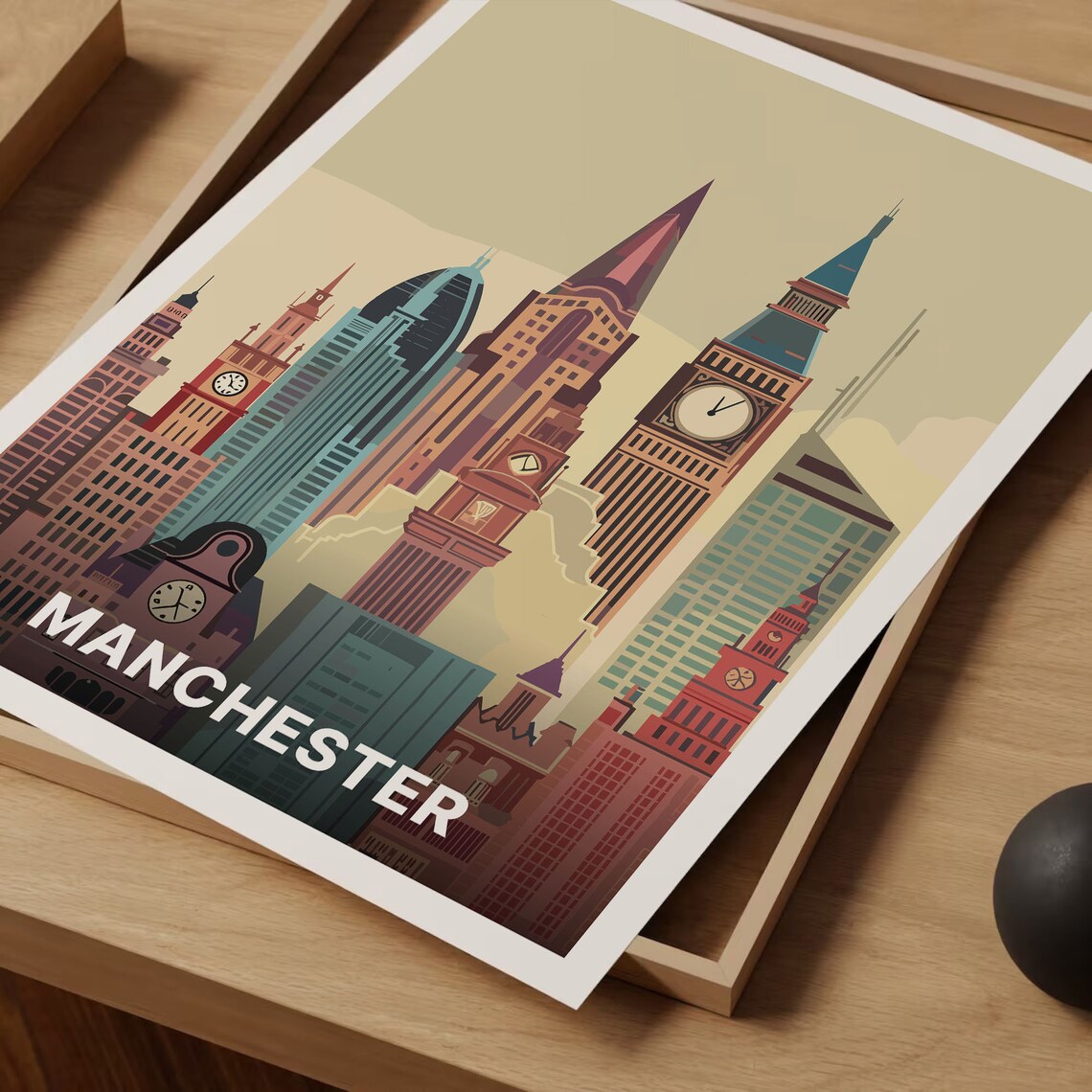 Manchester England Vintage Travel Poster Stylized Skyline Clock Tower Art - Image 3