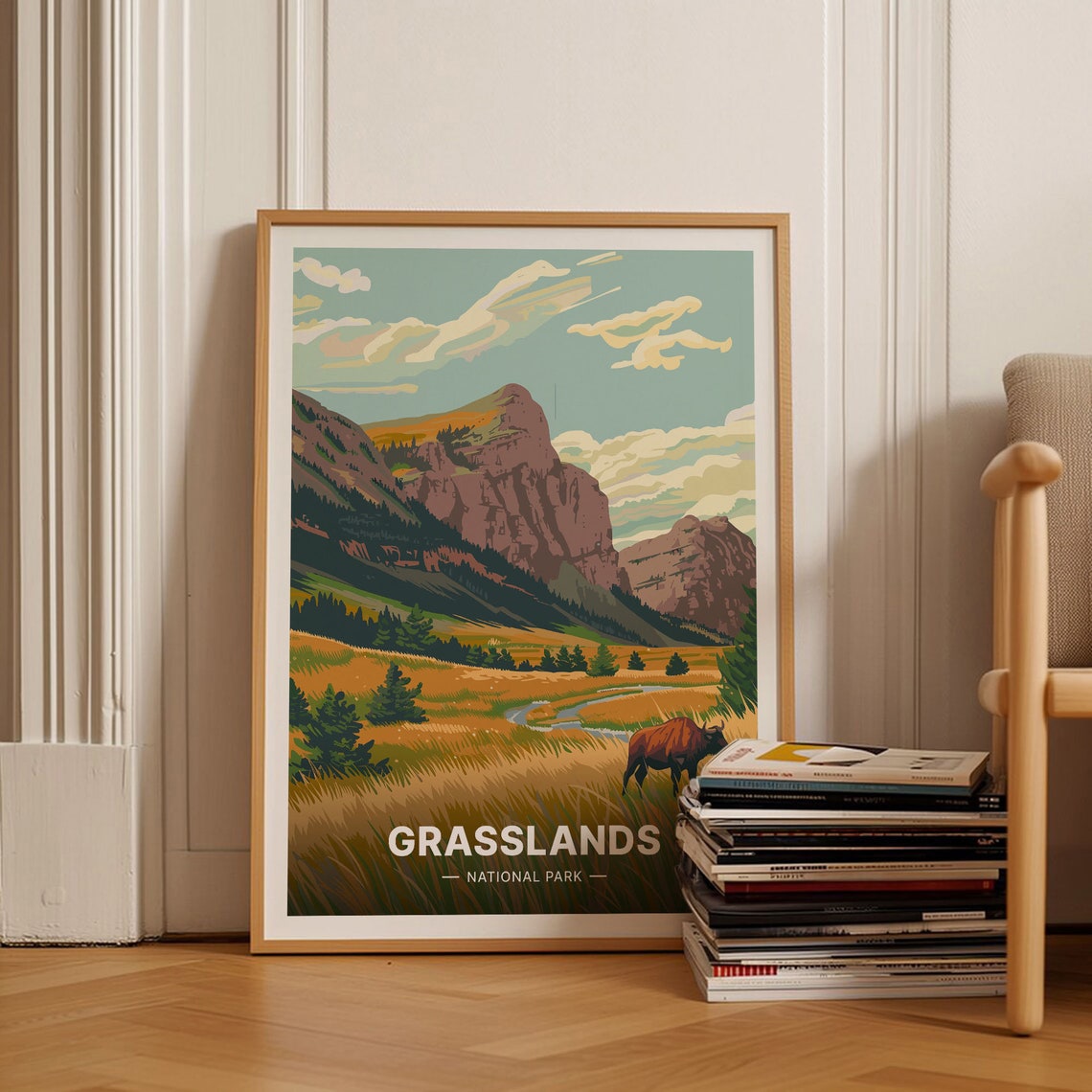 Grasslands National Park Bison Prairie Vintage Wildlife Poster