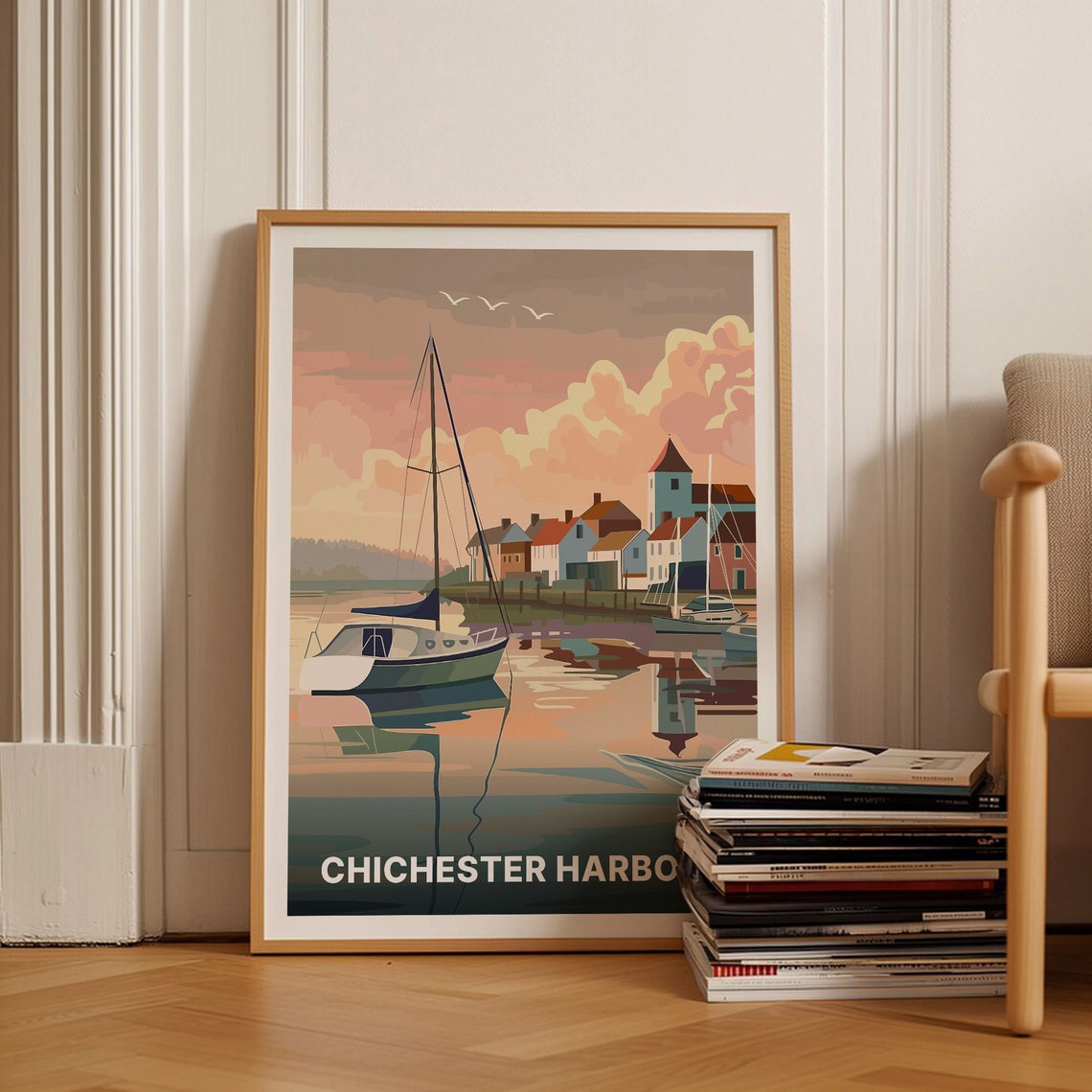 Chichester Harbour Sunset Sailboats Village Scene Art Poster