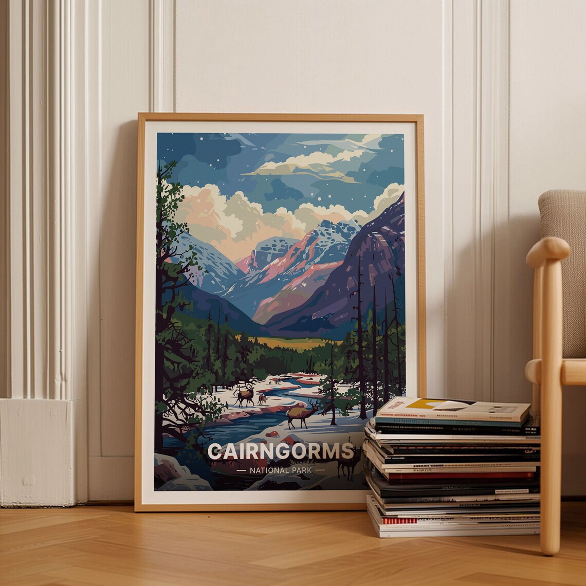 Cairngorms National Park Scotland Stags Wild Mountain Travel Poster