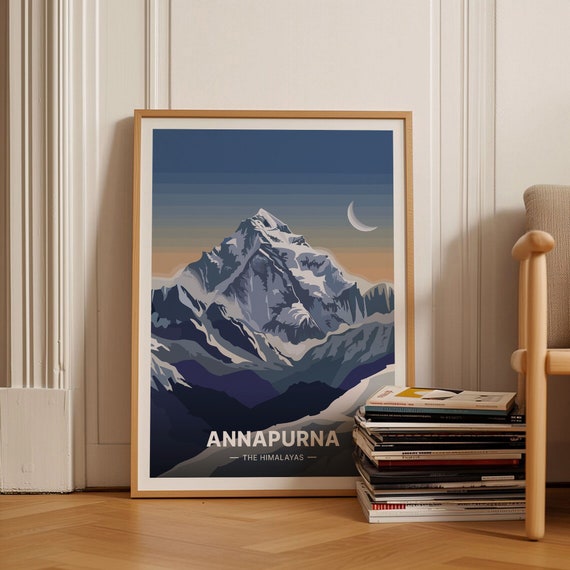 Annapurna Himalayas Snowy Peak Crescent Moon Night Travel Poster