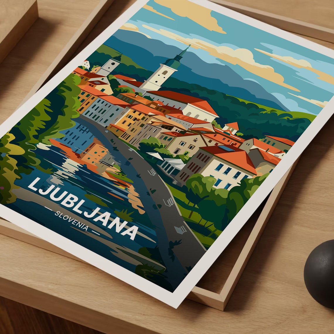 Ljubljana Slovenia Riverside Old Town Mountain Travel Poster - Image 3