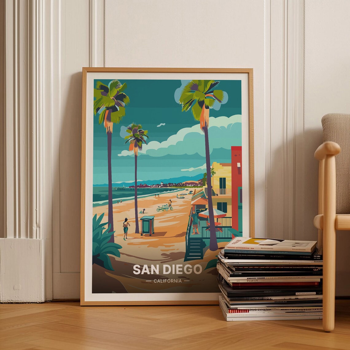 San Diego California Palm Tree Beach Boardwalk Travel Poster