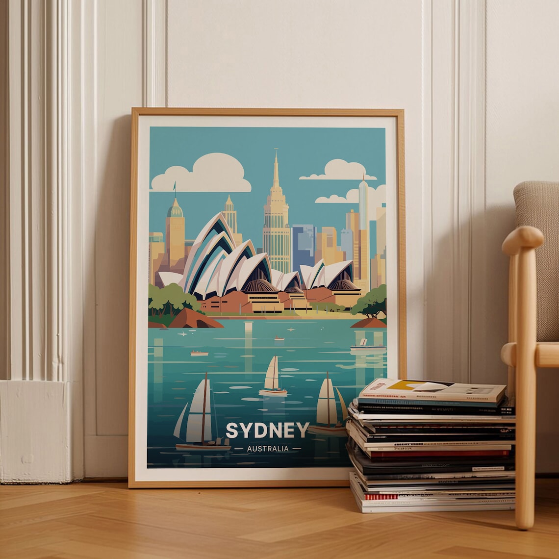 Sydney Australia Travel Poster Opera House Skyline Sailboats Art