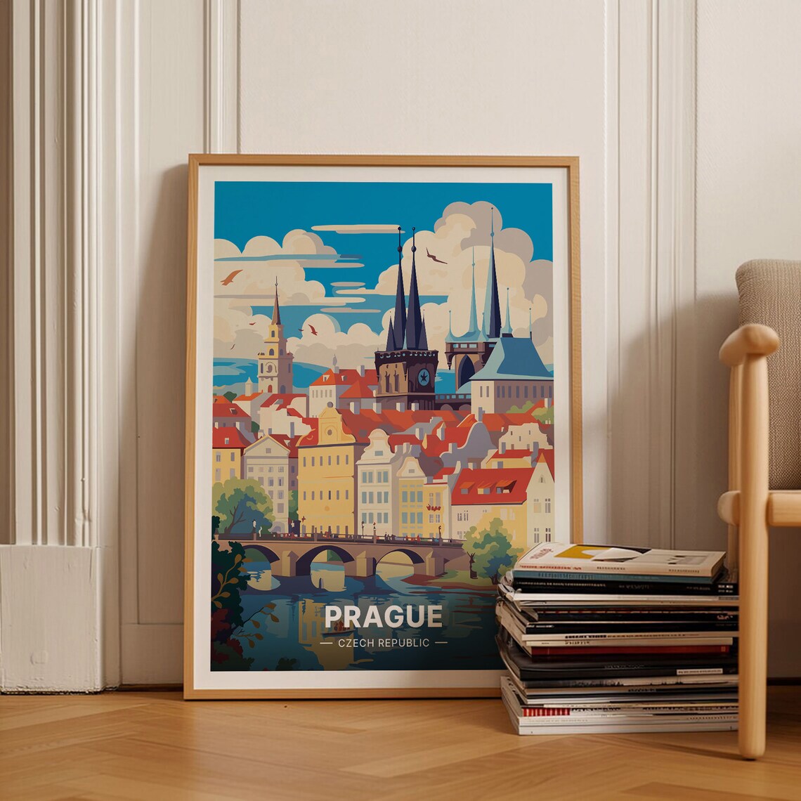 Prague Cityscape Travel Poster, Czech Republic
