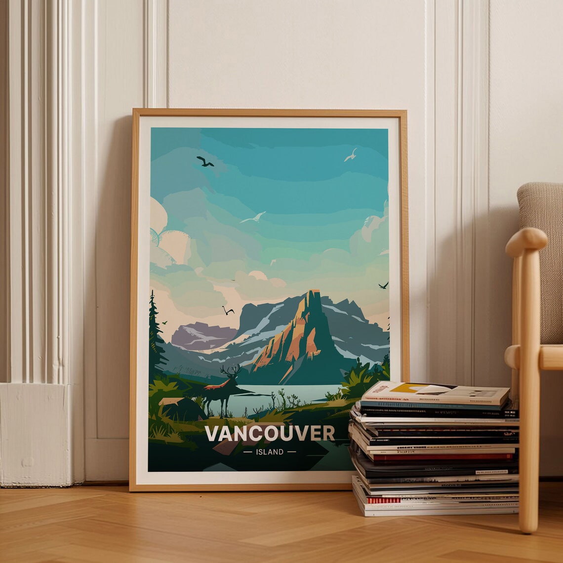 Vancouver Island Mountain Lake Elk Wildlife Sunset Travel Poster