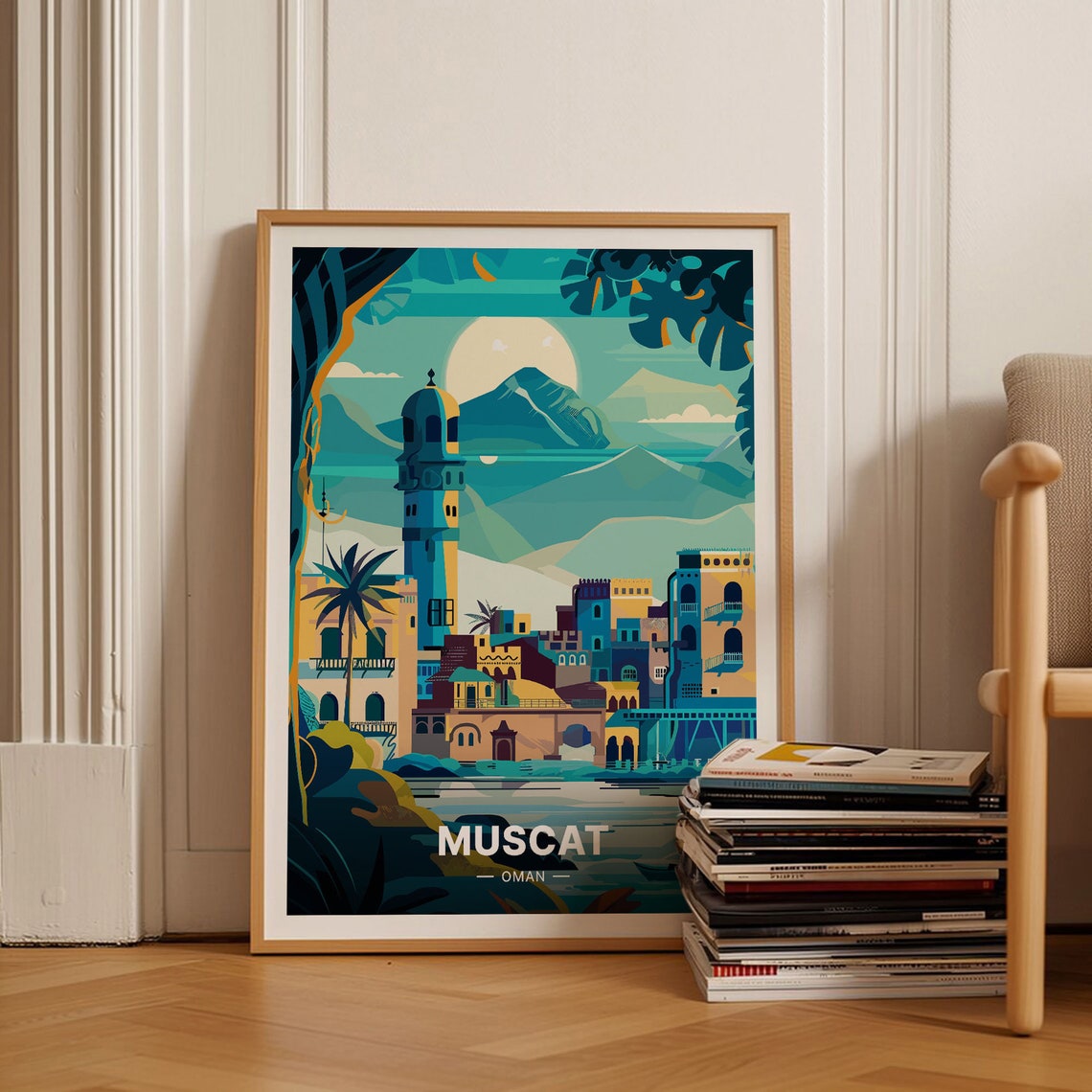 Muscat Oman Harbor Minaret Old Town Vintage Travel Poster Art