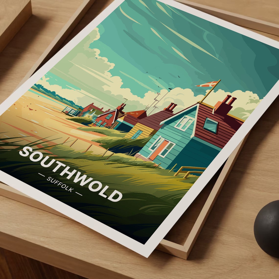 Southwold Suffolk Seaside Beach Huts Grassy Cliff Retro Vintage Poster - Image 3