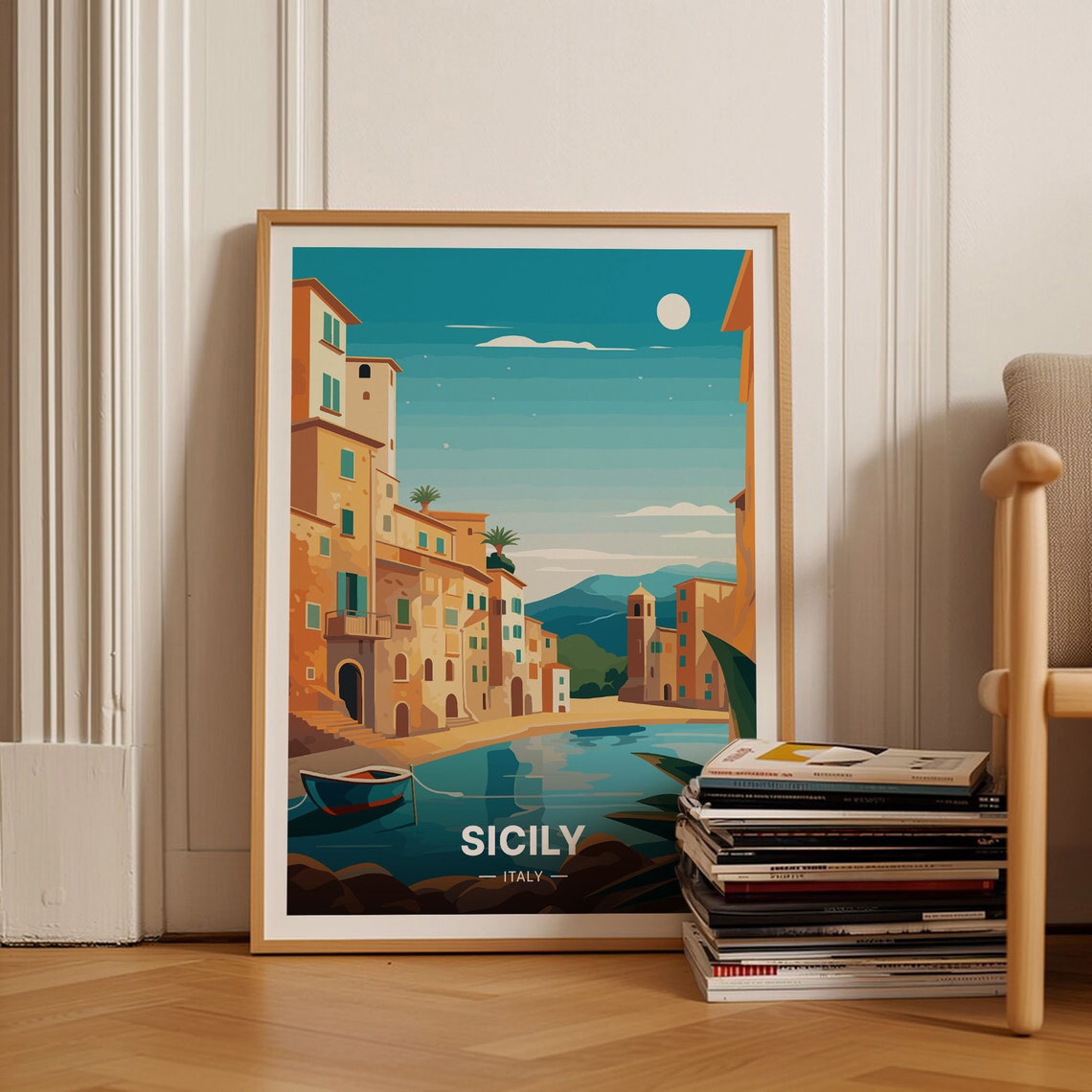 Sicily Italy Coastal Town Rowboat Moonlight Harbor Travel Poster