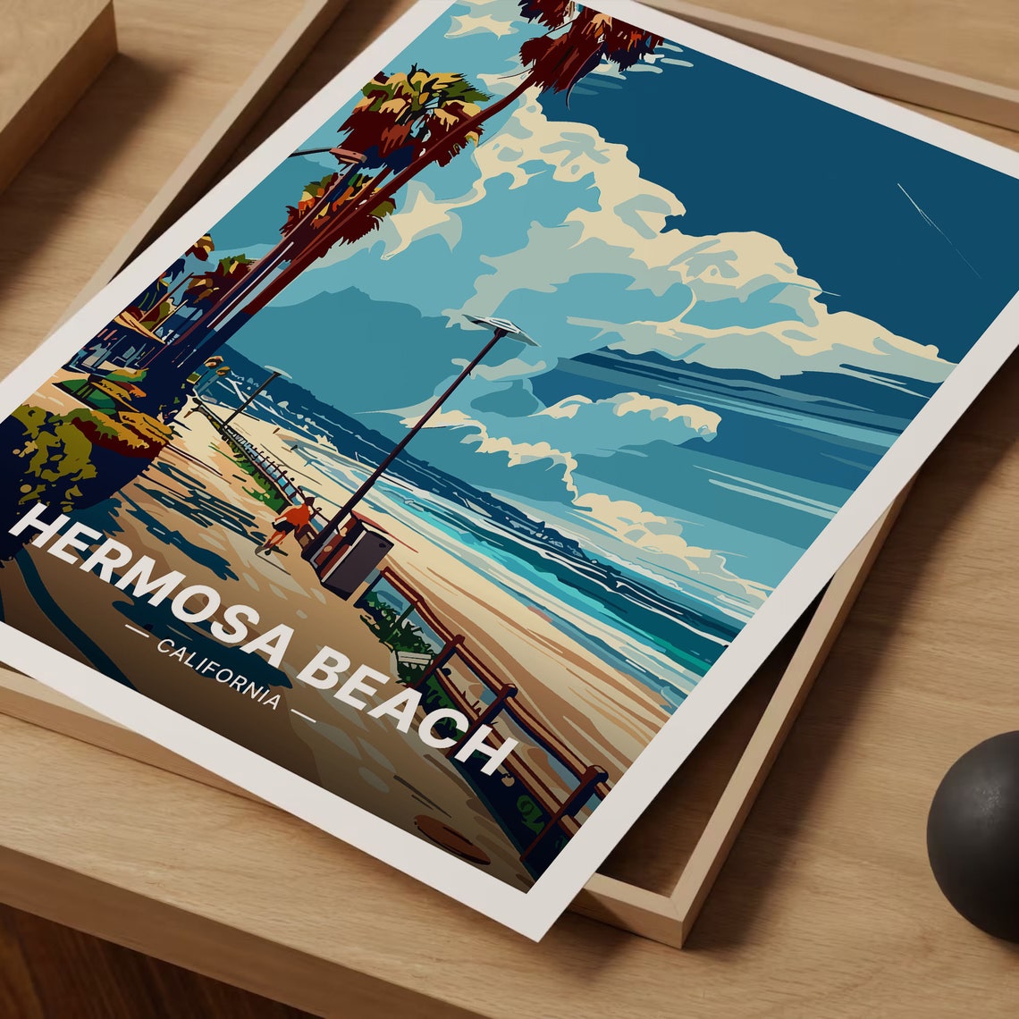Hermosa Beach California Palm Boardwalk Coastal Ocean Vintage Poster - Image 3