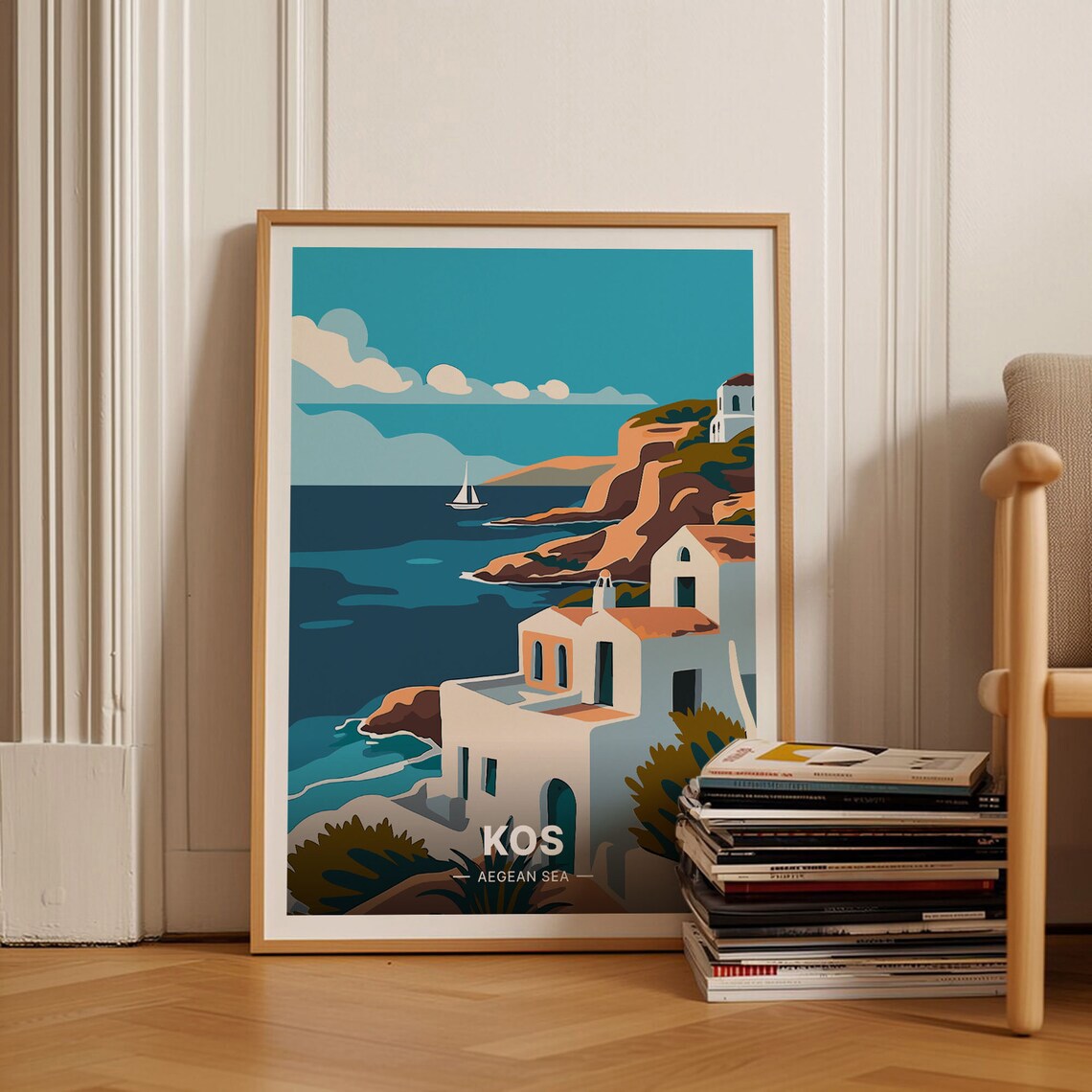 Kos Aegean Sea Travel Poster Greek Island White Houses Sailboat Art