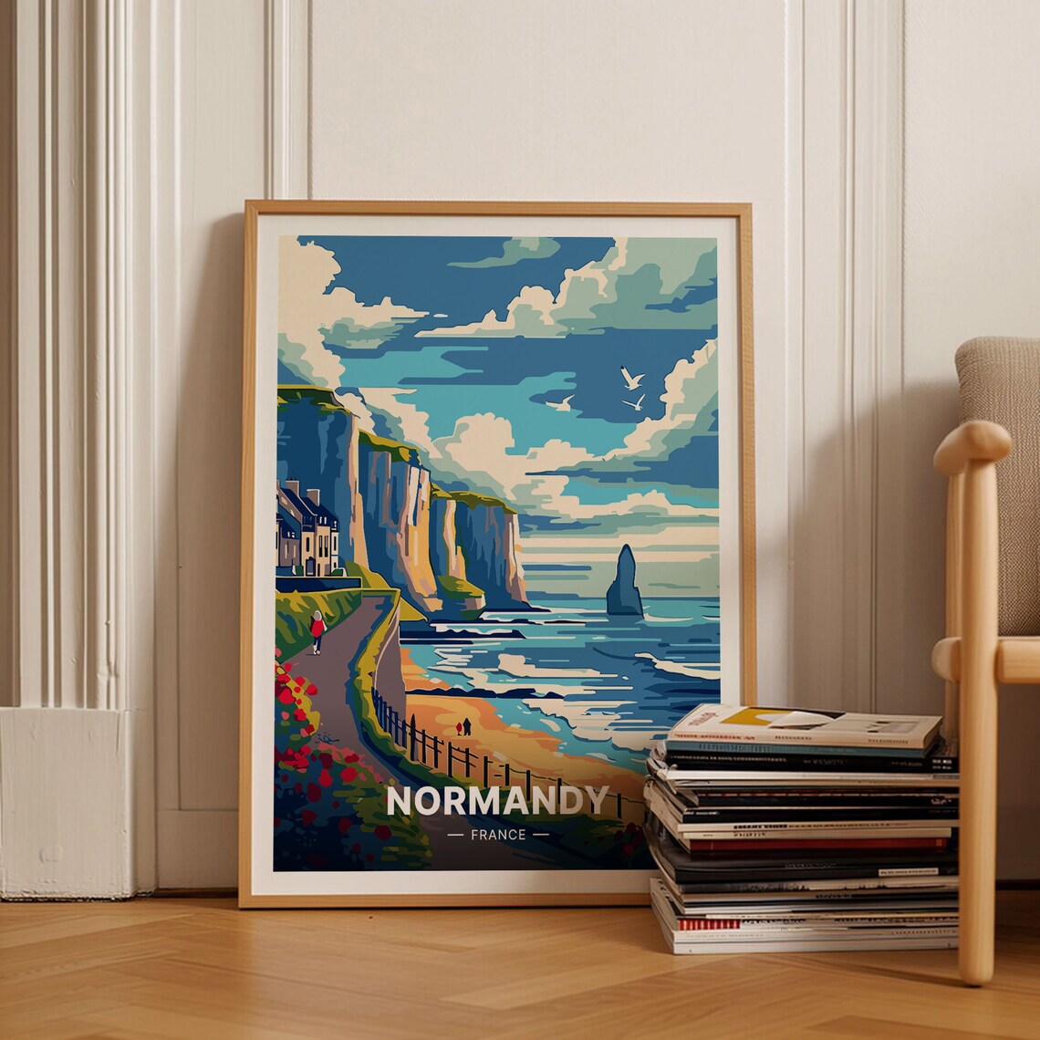 Normandy France Vintage Travel Poster, European Landscape