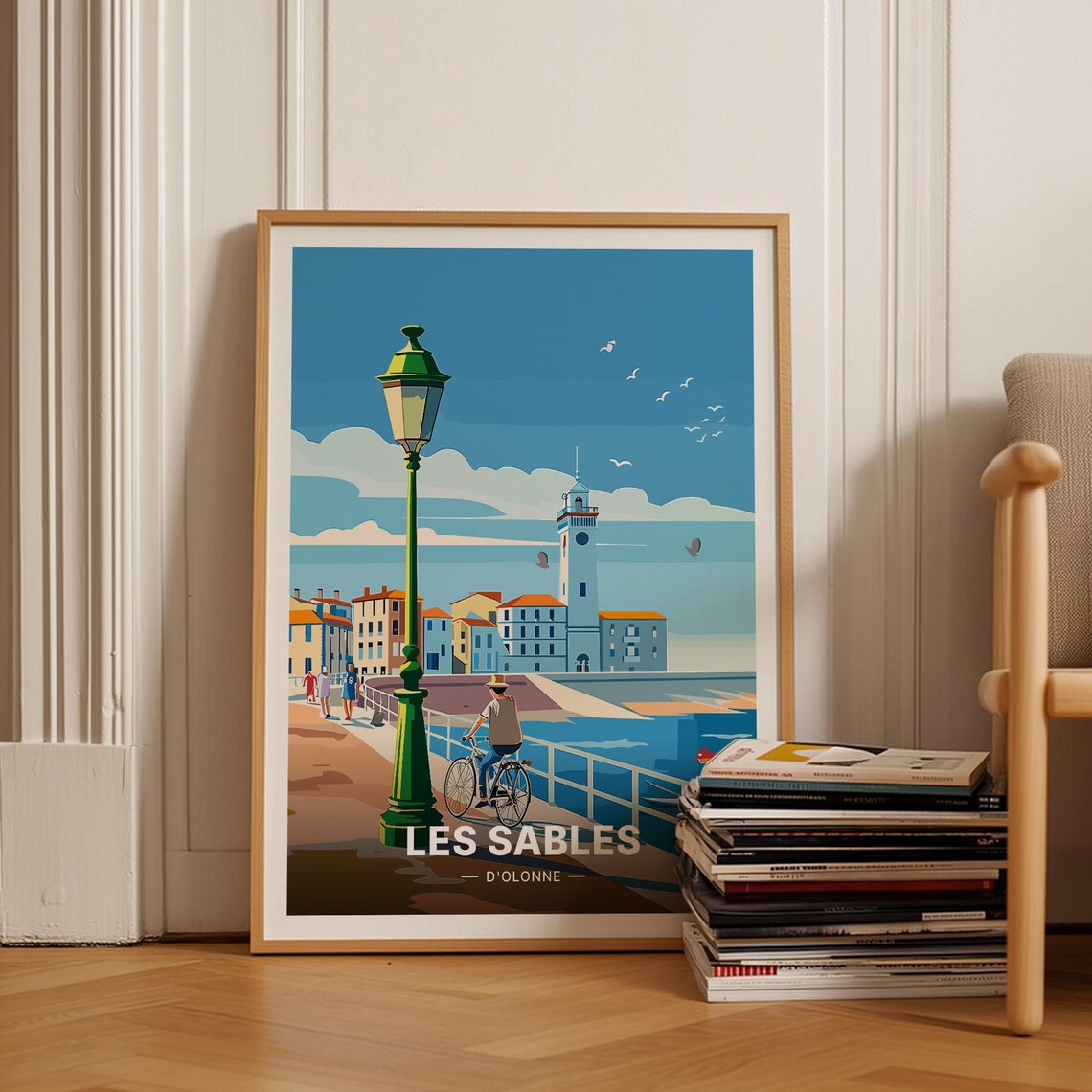 Les Sables d'Olonne France Lighthouse Harbor Cyclist Travel Poster