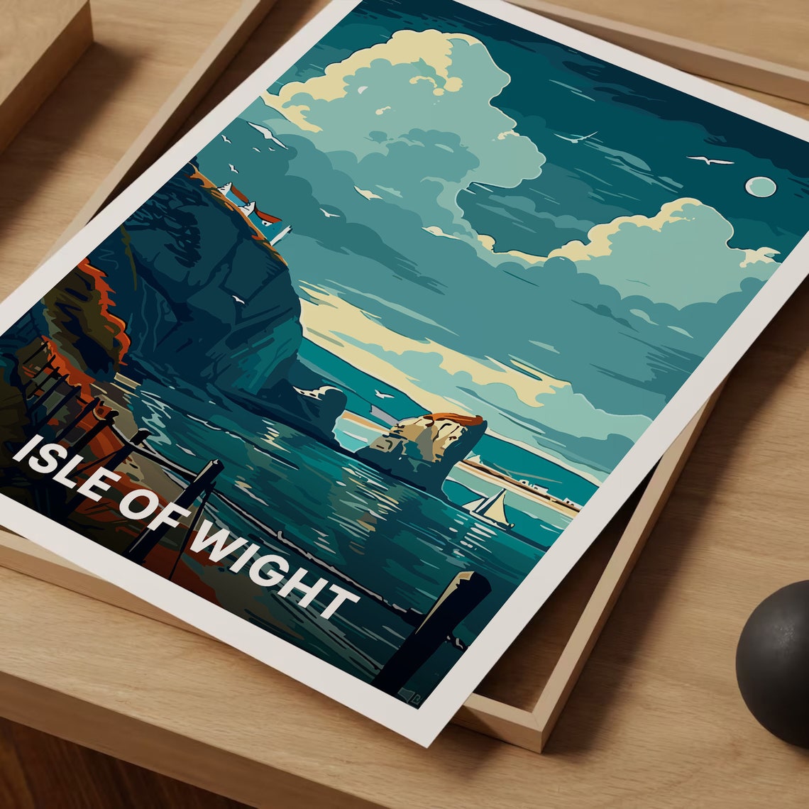 Isle of Wight Travel Poster Moonlit Cliffs Sea Sailboat Coast Art - Image 3
