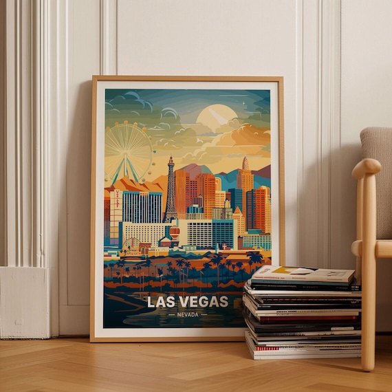 Las Vegas Nevada Strip Skyline Ferris Wheel Golden Hour Travel Poster
