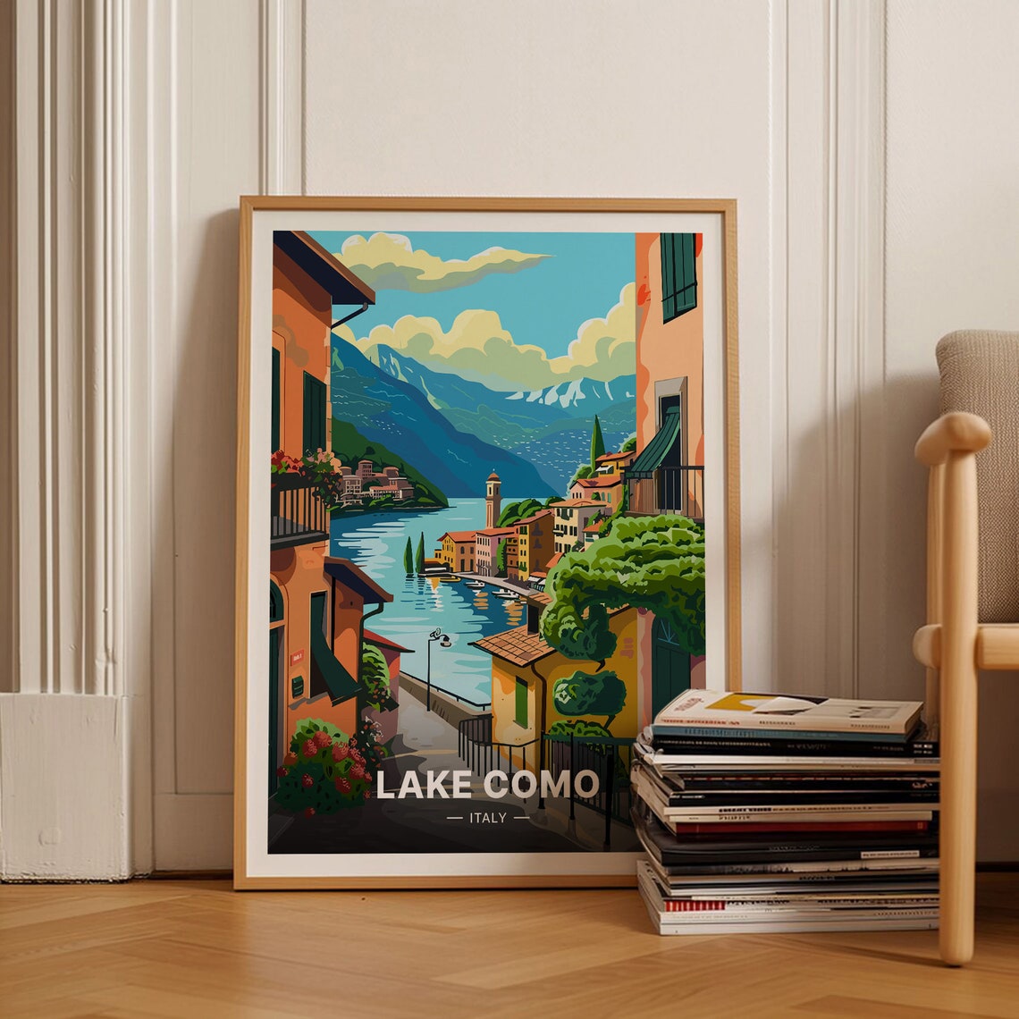 Lake Como Italy Lakeside Village Church Tower Vintage Travel Poster