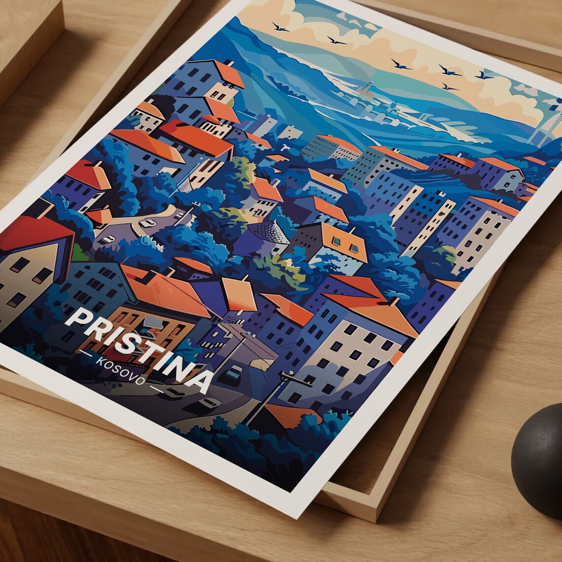 Pristina Kosovo Hillside City Red Roofs Vintage Cityscape Travel Poster - Image 3
