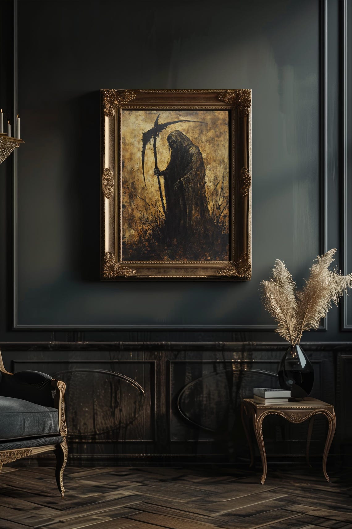 Grim Reaper Holding Tall Scythe Dark Gothic Oil Painting Poster - Image 2