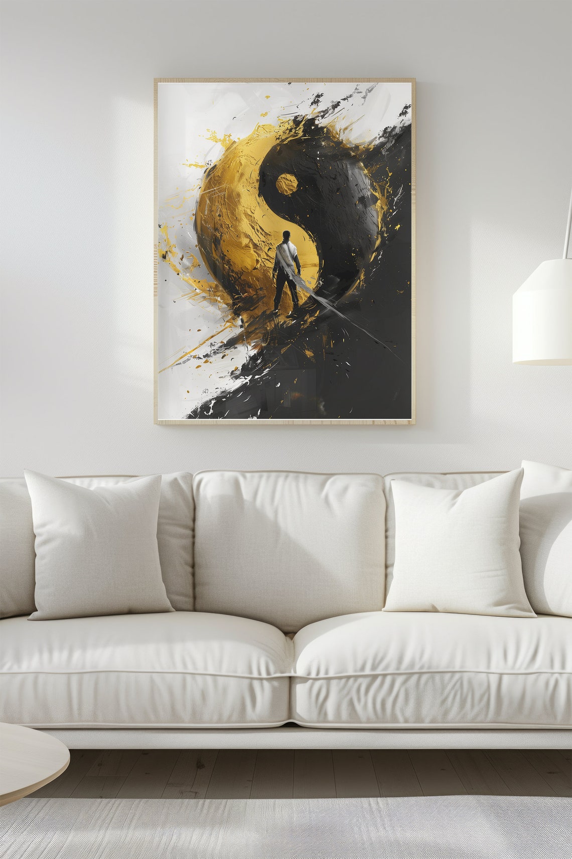 Yin Yang Gold Black Brushstroke Warrior Figure Abstract Art Poster - Image 3