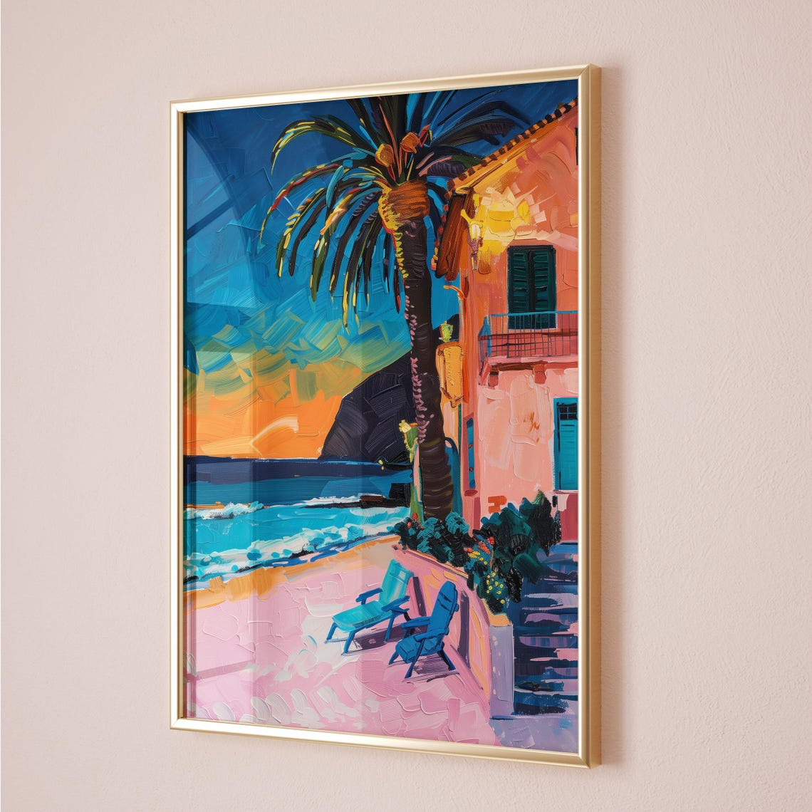 Tropical Sunset Palm Beach Seaside Gouache Painting Terrace Poster - Image 3