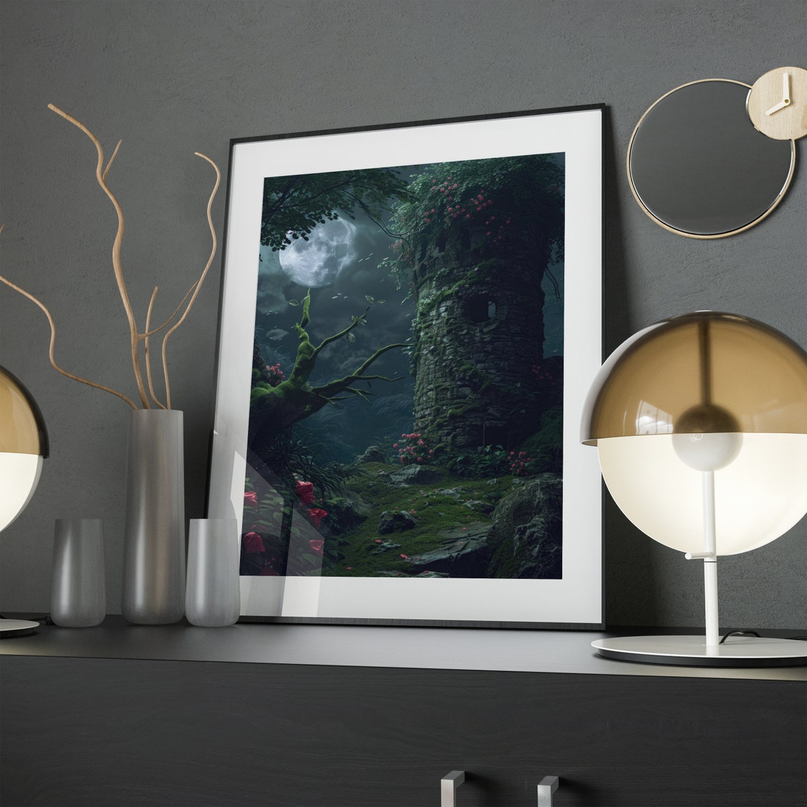 Moonlit Mossy Stone Tower Ruin With Roses Dark Fantasy Poster - Image 2
