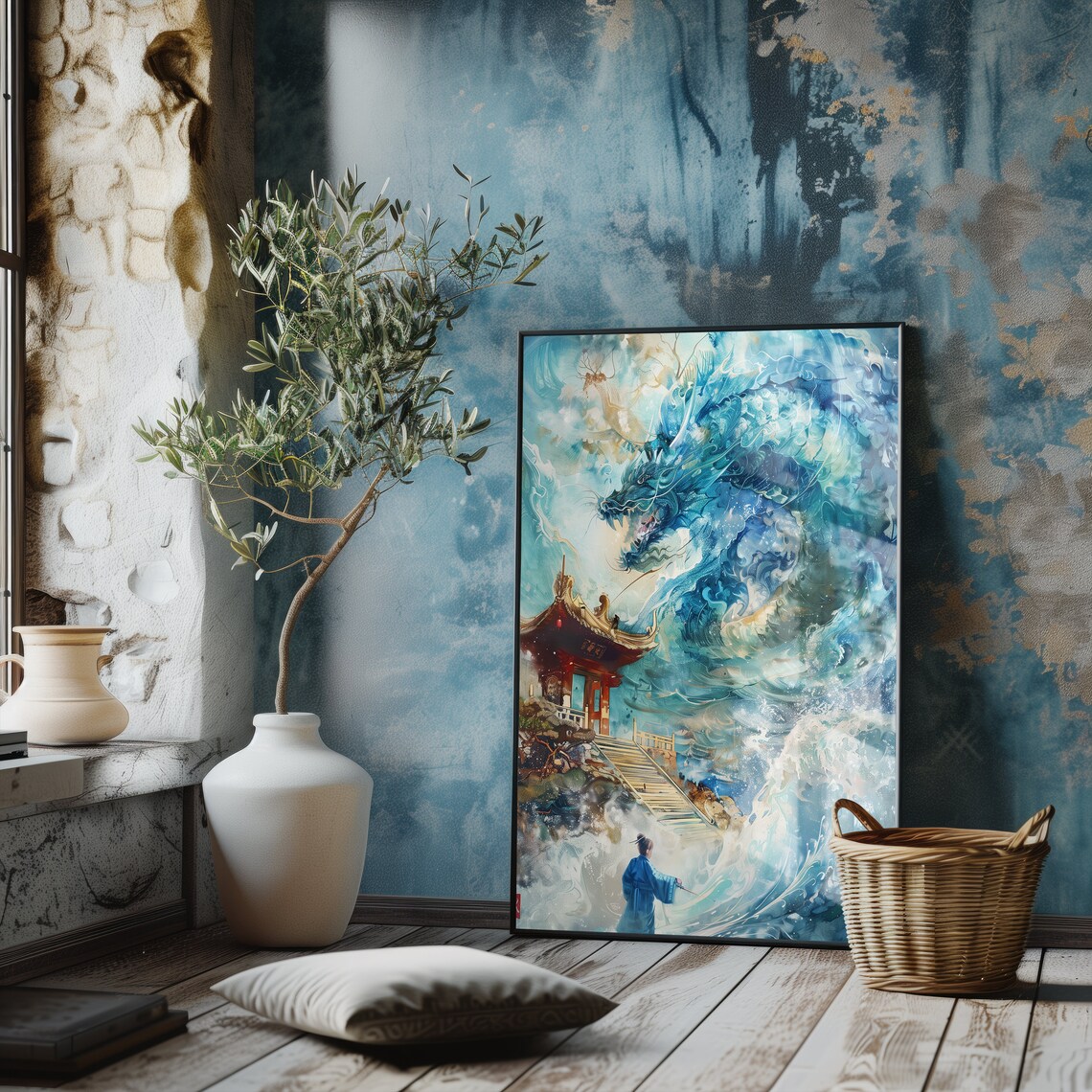 Blue Dragon Over Ocean Shrine Pagoda Japanese Fantasy Poster - Image 3