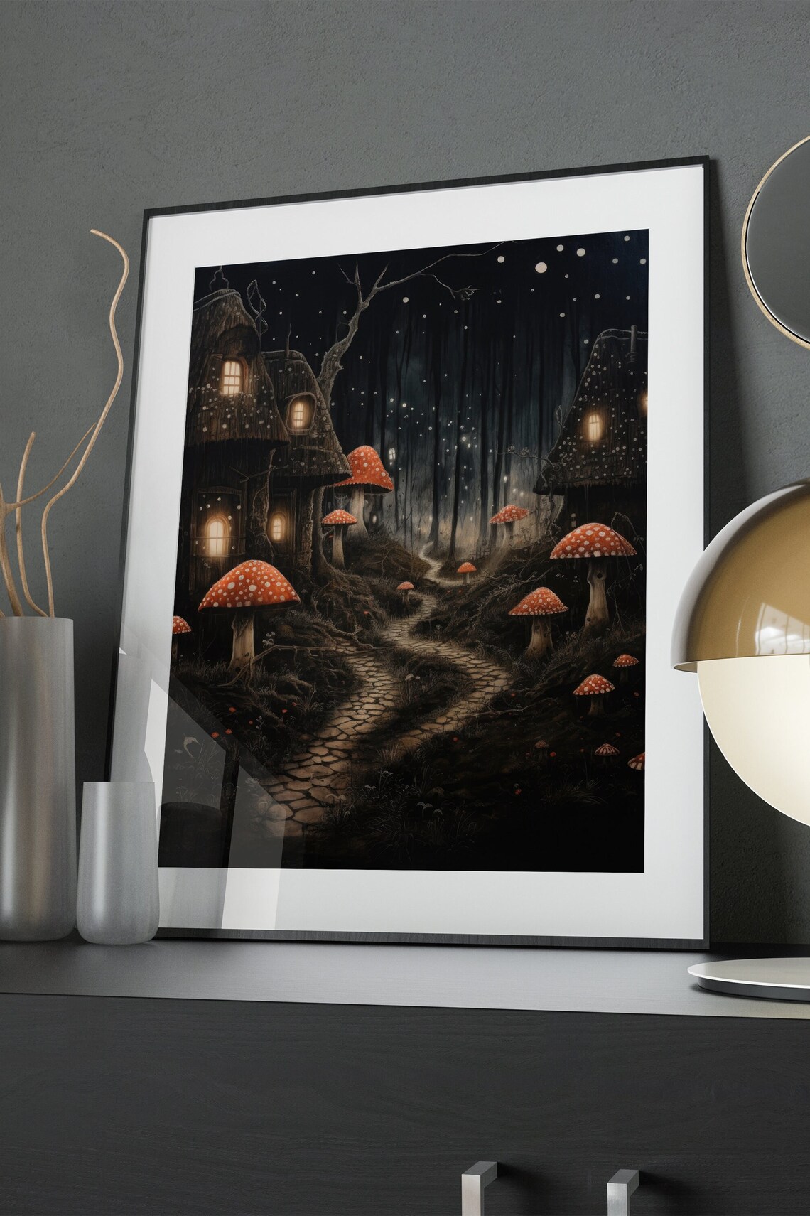 Mushroom Cottage Night Forest Fairytale Path Glowing Windows Dark Art Poster - Image 3