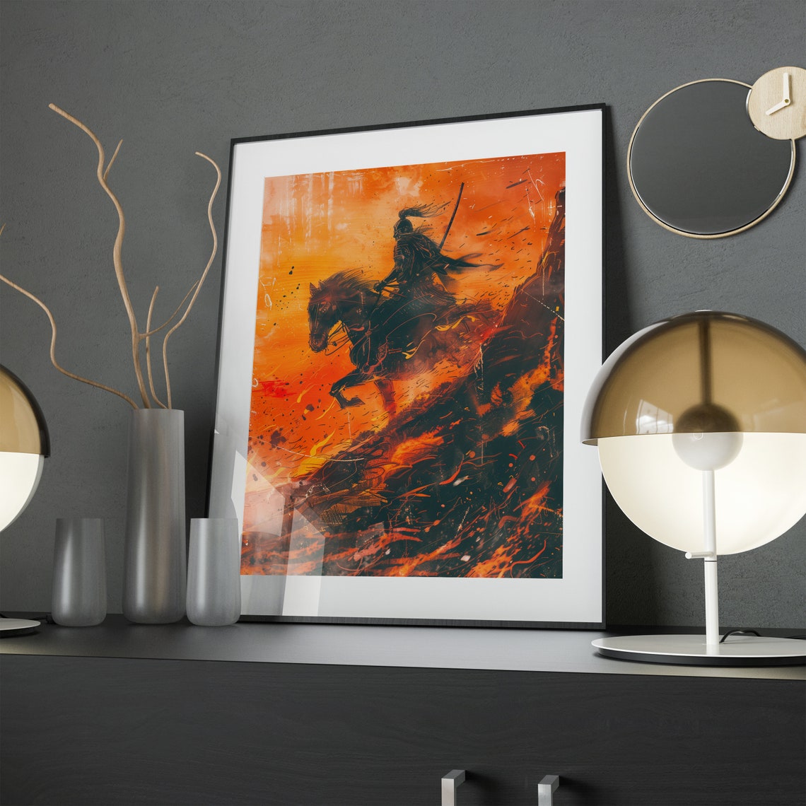 Samurai Horseback Sunset Watercolor Art Orange Fire Rider Poster - Image 4