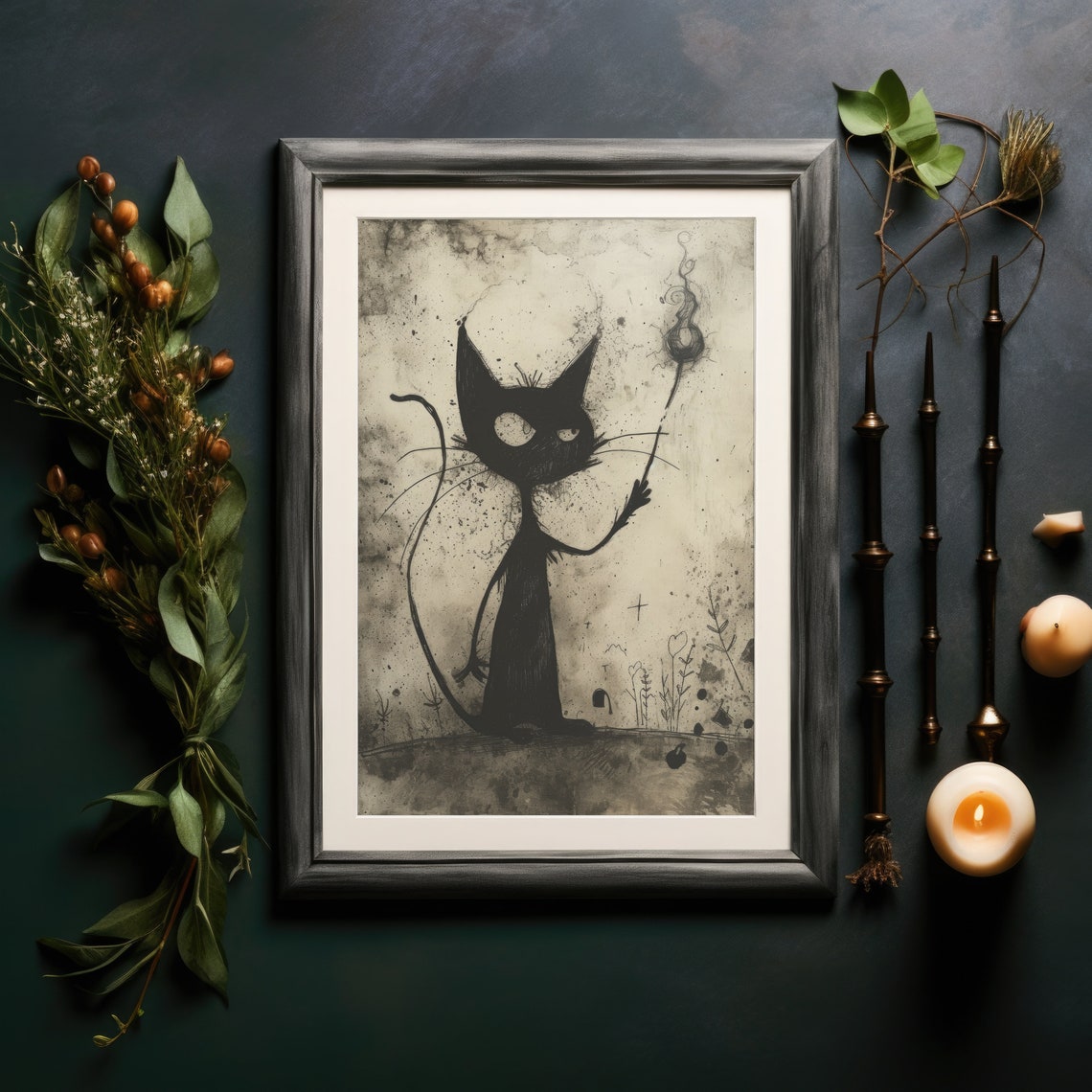 Spooky Quirky Black Cat With Wand Ink Sketch Gothic Cat Wall Art - Image 4