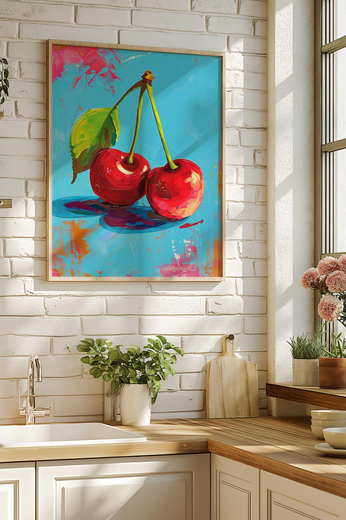 Red Cherries Turquoise Background Impasto Oil Painting Fruit Wall Art - Image 4